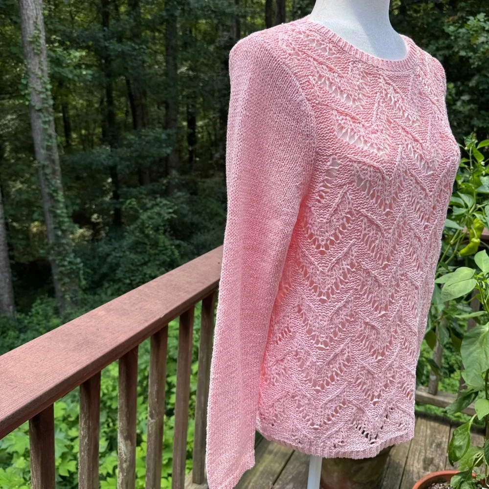 Talbots Scallop Pink Pointelle Crewneck Sweater LP Cotton Blend - Picture 5 of 16